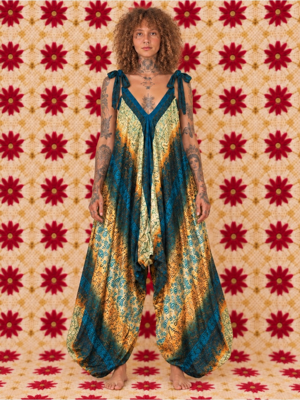 Boho Paisley Tie Shoulder Handkerchief Jumpsuit Teal Orange One Size M/L
